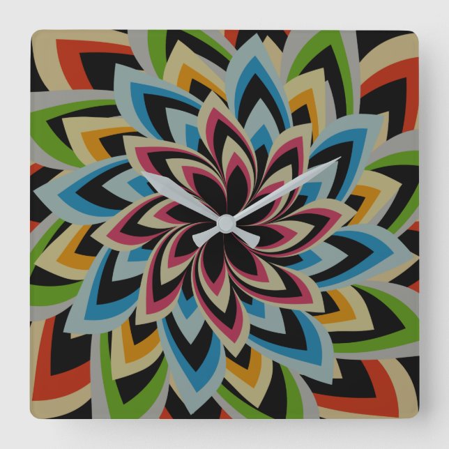 COLORFUL SWIRL FLOWERS   SQUARE WALL CLOCK (Front)