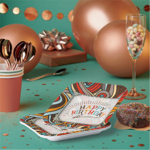 Colorful Swirls and Typography Happy Birthday Paper Plate