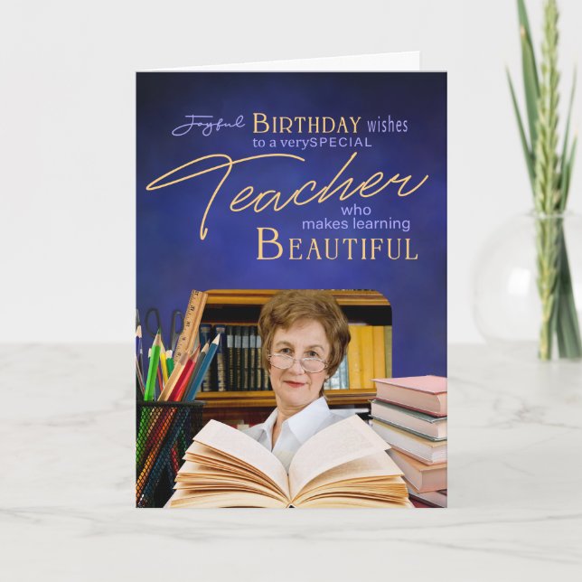 Colorful Teacher Birthday Keepsake Photo Card (Front)