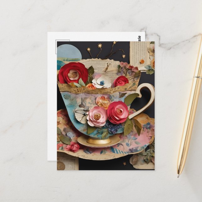 Colorful Teacup Collage Mixed Media Floral Postcard (Front/Back In Situ)