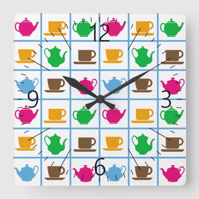 Colorful teapots pattern square wall clock (Front)