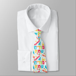 Colorful Tie with Hebrew "Happy Purim" Text