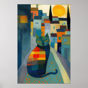 Colorful town with Characterful Cat Poster