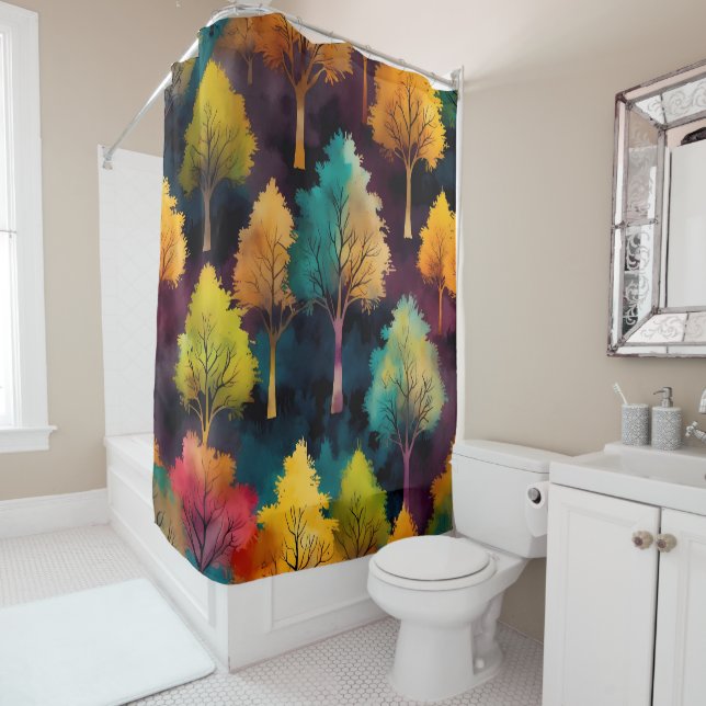 Colorful Trees - Leaf Pattern Shower Curtain Set (In Situ)