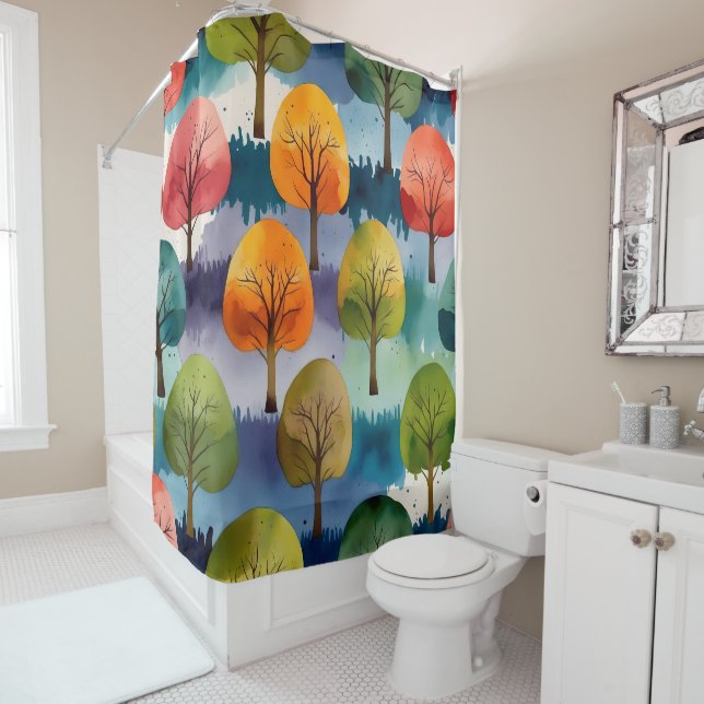 Colorful Trees - Leaf Pattern Shower Curtain Set (In Situ)