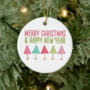 Colorful Trees Merry Christmas & Happy New Year Ceramic Ornament