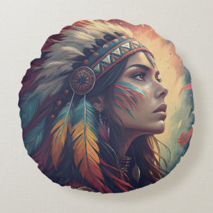 Colorful Tribal Spirit Art Print Round Cushion
