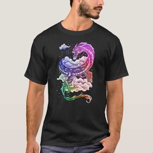 Colorful Trippy Japanese Dragon Art Design T-Shirt (Front)