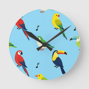Colorful Tropical Birds Pattern Round Clock