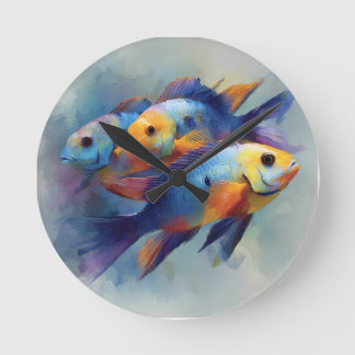 Colorful Tropical Fish Triptych Canvas Wall Art Round Clock