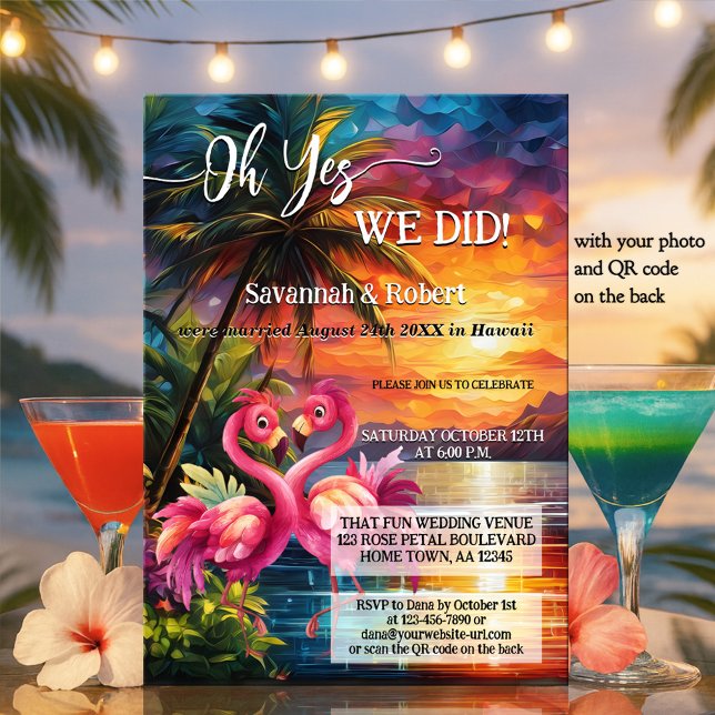 Colorful Tropical Flamingo Wedding Reception Photo Invitation (Elopement wedding reception invitation featuring a fun tropical sunset scene with two flamingos)