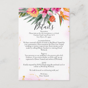 Colorful Tropical Floral Pink Wedding Details Enclosure Card