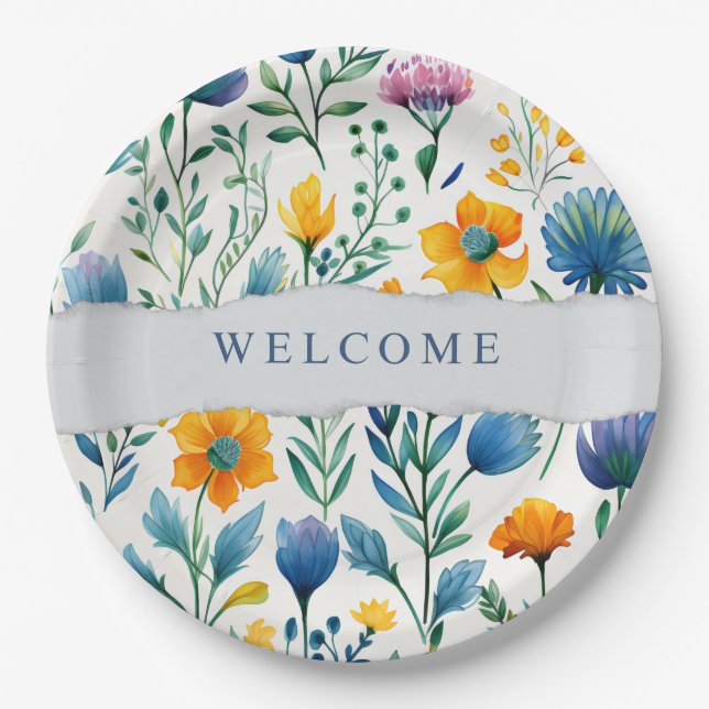 Colorful Tropical Floral Watercolor Welcome Paper  Plate (Front)