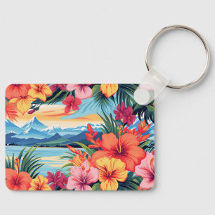 Colorful Tropical Flowers & Landscape Key Ring