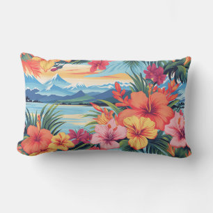 Colorful Tropical Flowers & Landscape Lumbar Cushion