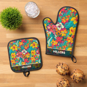 Colorful Tropical Flowers Pattern Oven Mitt & Pot Holder Set