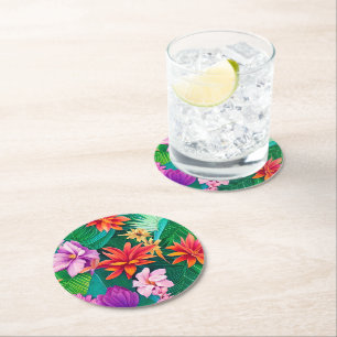 Colorful Tropical Flowers Pattern Round Paper Coaster
