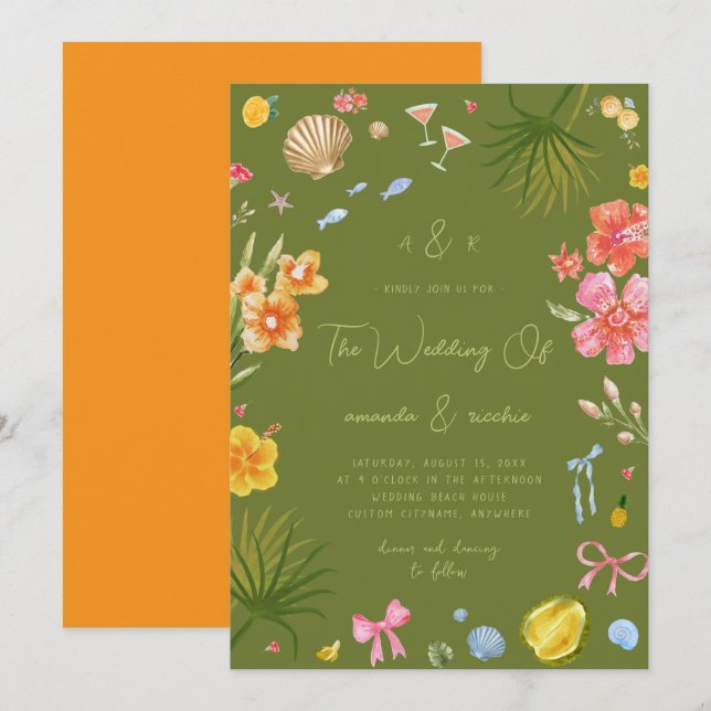 Colorful Tropical Island Whimsical Beach Wedding Invitation (Front/Back)