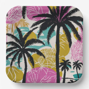 Colorful Tropical Palm Tree Pattern Paper Plate
