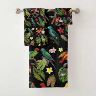 Colorful Tropical Parrots, Leaves & Flowers Bath Towel Set