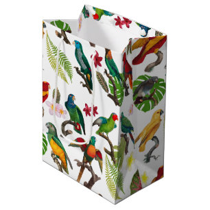 Colorful Tropical Parrots, Leaves & Flowers Medium Gift Bag