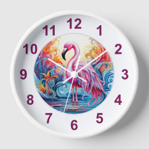 Colorful Tropical Pink Flamingo Modern Clock