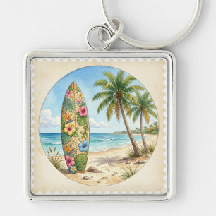 COLORFUL TROPICAL SURFBOARD ON THE BEACH KEY RING