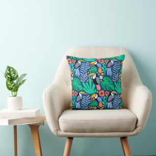 Colorful Tropical Toucan Bird Flowers Plants Cushion
