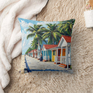 Colorful Tropical Vibrant Beach Huts Cushion