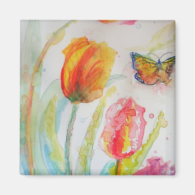 Colorful Tulip and Butterfly Watercolor floral Magnet (Front)