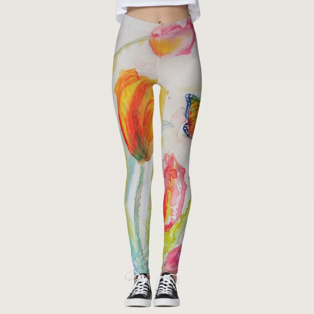 Colorful Tulip Floral Watercolor Art Leggings (Front)