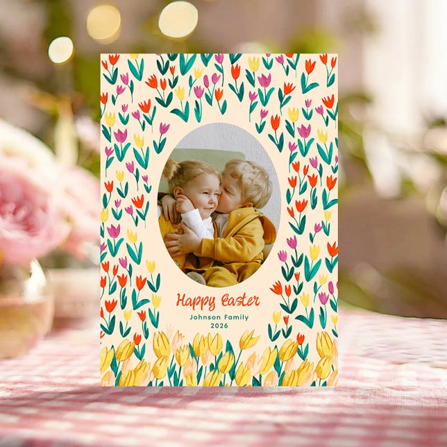 Colorful Tulip Happy Easter Family Photo Greeting Invitation (Colorful Tulip Happy Easter Family Photo Greeting Invitation)