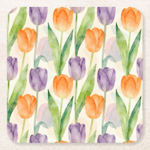 Colorful Tulip Pattern Square Paper Coaster