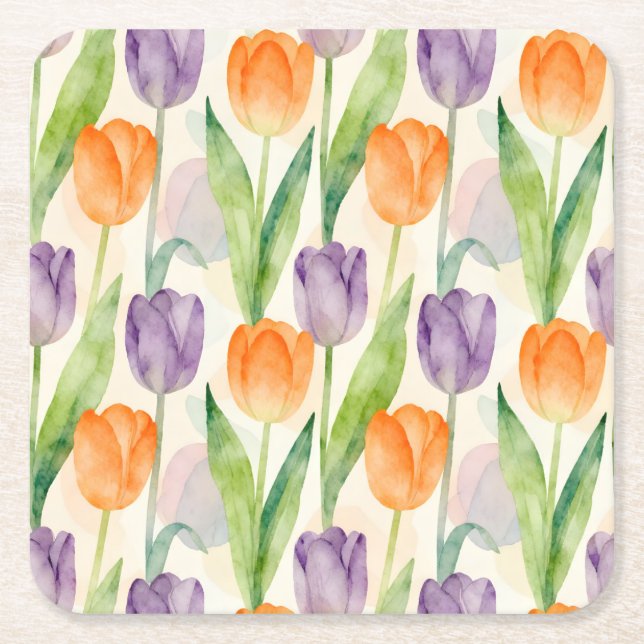 Colorful Tulip Pattern Square Paper Coaster (Front)