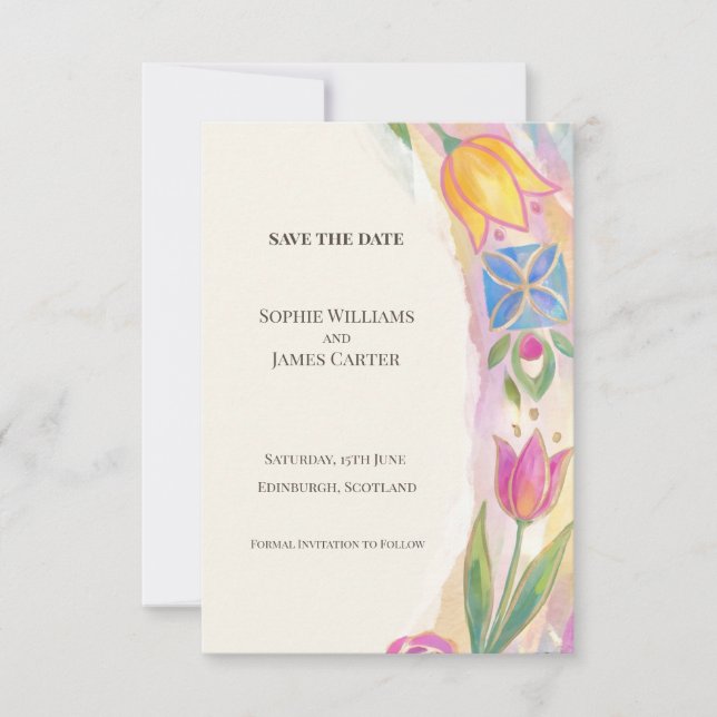 Colorful Tulip Save The Date Card (Front)