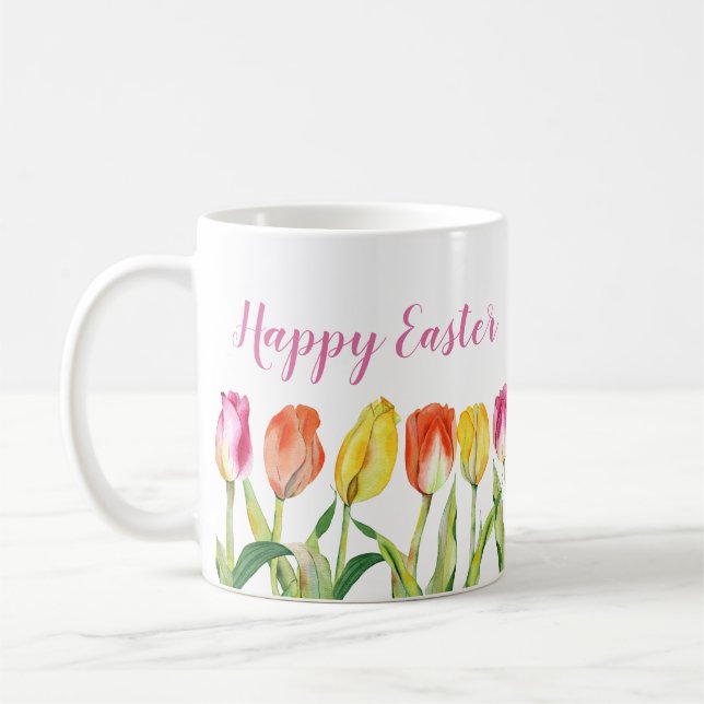 Colorful Tulips Happy Easter Coffee Mug (Left)