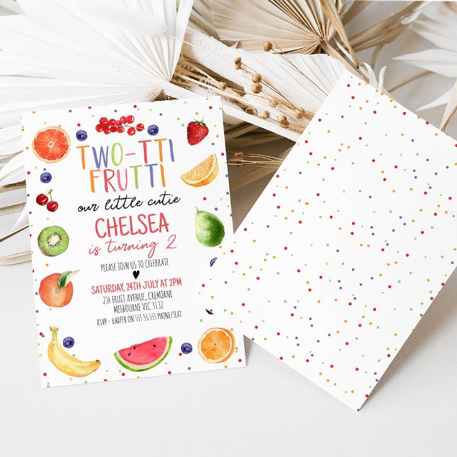 Colorful Two-tii Frutti 2nd Birthday Invitation (Twotti Frutti 2nd Birthday Invitation. Summer Twotti Fruity Birthday Invite Template. Tutti Frutti)