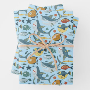 Colorful Under The Sea Shark Ocean Blue Pattern Wrapping Paper Sheet