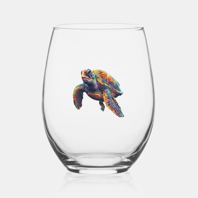 Colorful underwater sea turtle dreamlike beautiful stemless wine glass (Front)