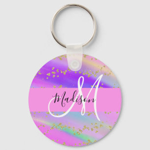 Colorful Unicorn Rainbow Gold Glitter Monogram Key Ring
