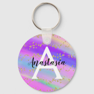 Colorful Unicorn Rainbow Gold Glitter Monogram Key Ring