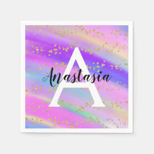 Colorful Unicorn Rainbow Gold Glitter Monogram Napkin