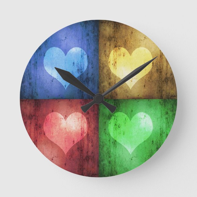 Colorful Valentine's Day Rustic Hearts Round Clock (Front)