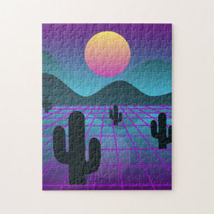 Colorful Vaporwave Cactus "Digital Desert" Jigsaw Puzzle