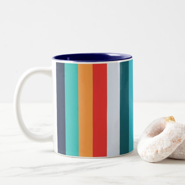 Colorful Vertical Retro Stripes Two-Tone Coffee Mug (With Donut)