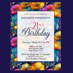 Colorful Vibrant Poppy Flower 21st Birthday Invitation
