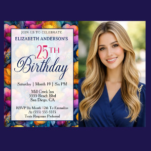 Colorful Vibrant Poppy Flower 25th Birthday Photo Invitation