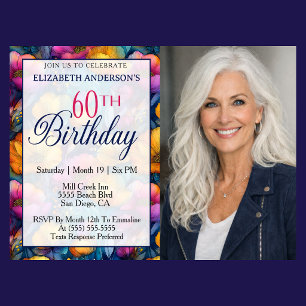 Colorful Vibrant Poppy Flower 60th Birthday Photo Invitation