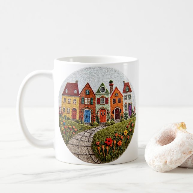 Colorful Village Printed Houses Illustration Coffee Mug (With Donut)