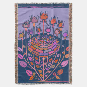 Colorful Vintage Floral Art in Purple and Blue Throw Blanket